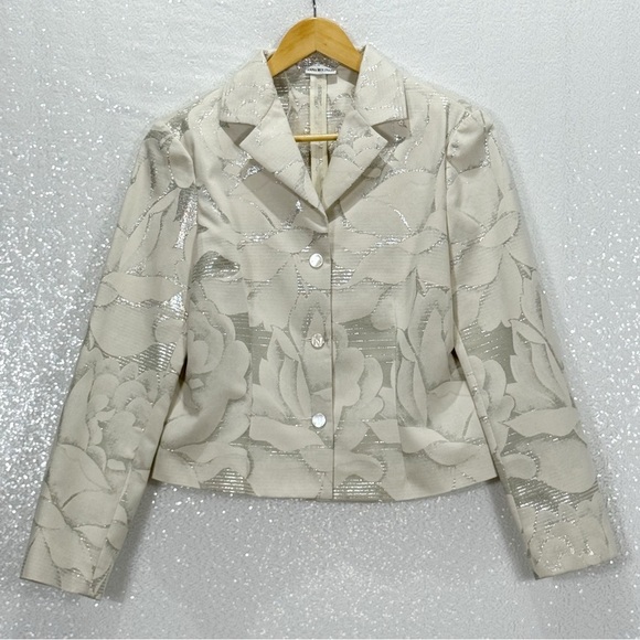 Anna Molinari Italy Floral Jacquard Blazer Skirt Suit Set Metallic Silver 10 - Picture 2 of 15